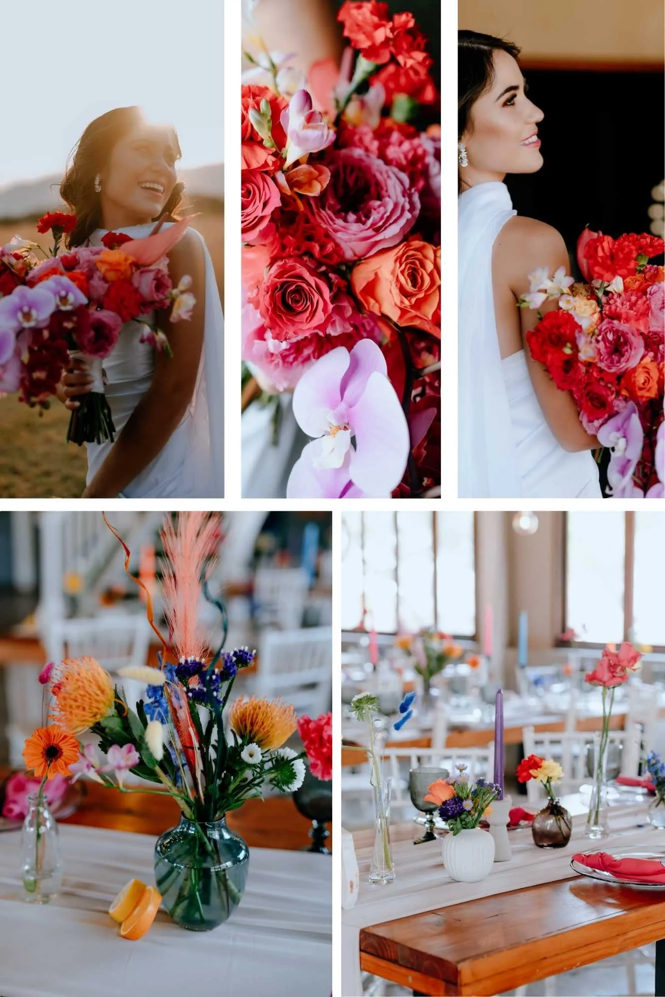 Bold statement wedding flowers with magenta orchids and deep purple accents for a modern summer wedding