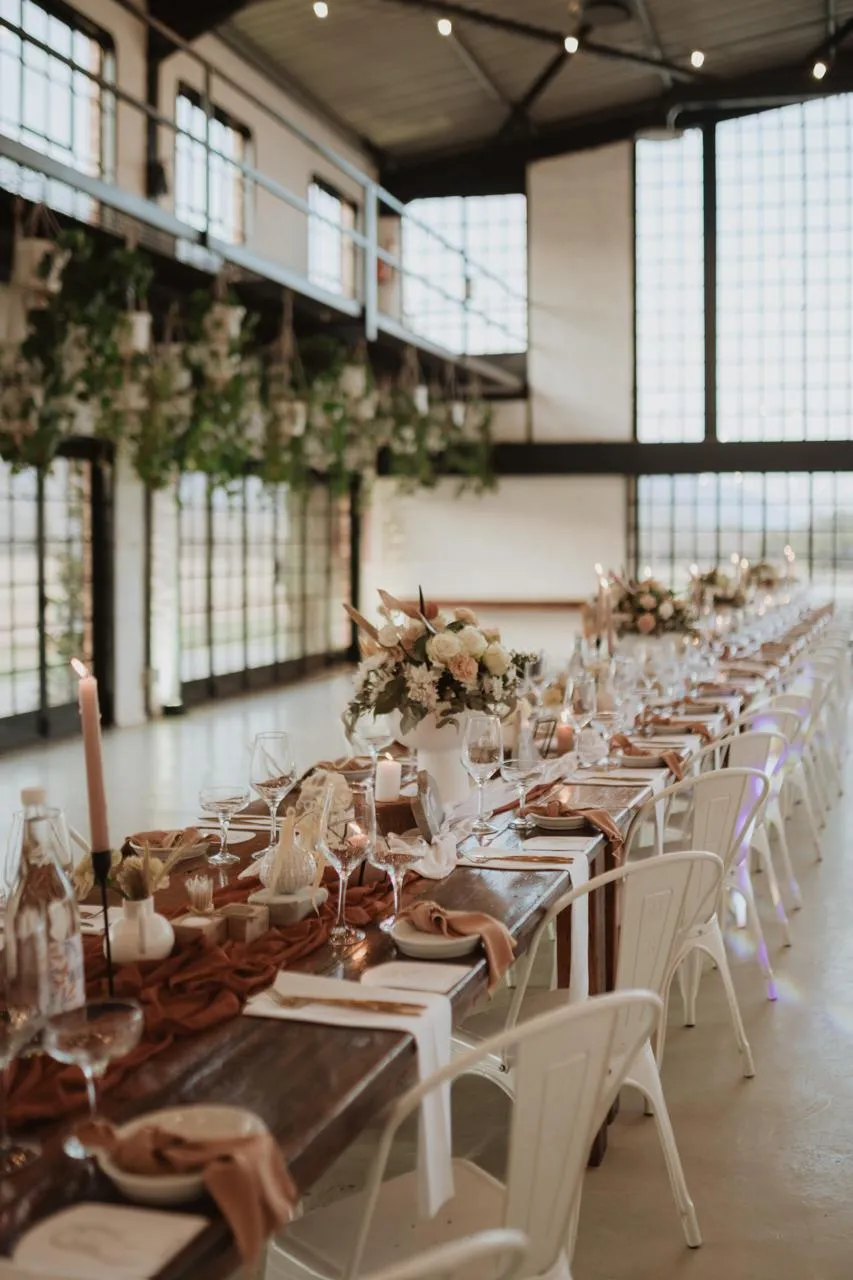 Long table wedding reception floral styling at The Nut Farm by Hada Events