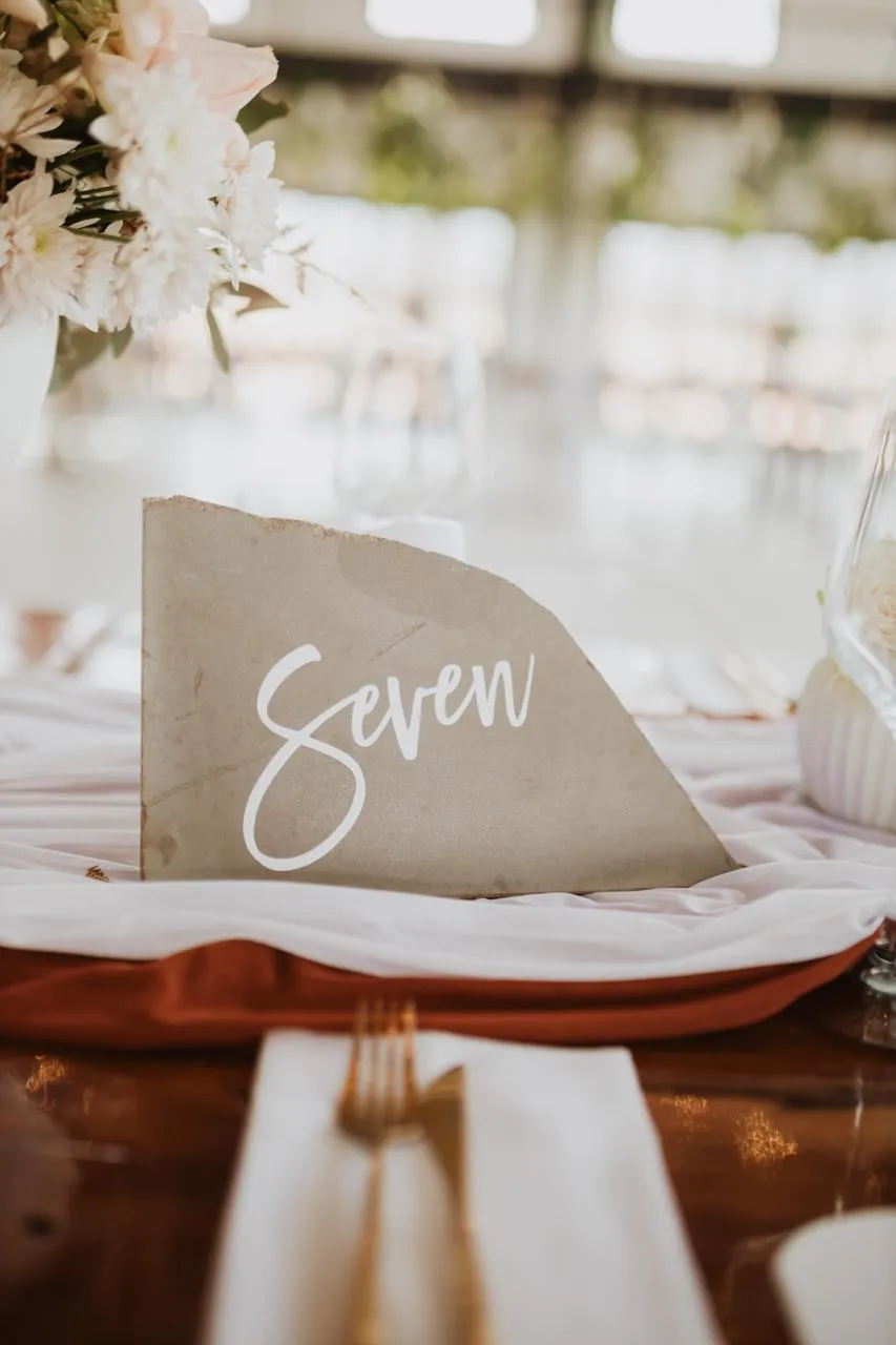Wedding decor details and table numbers at The Nut Farm