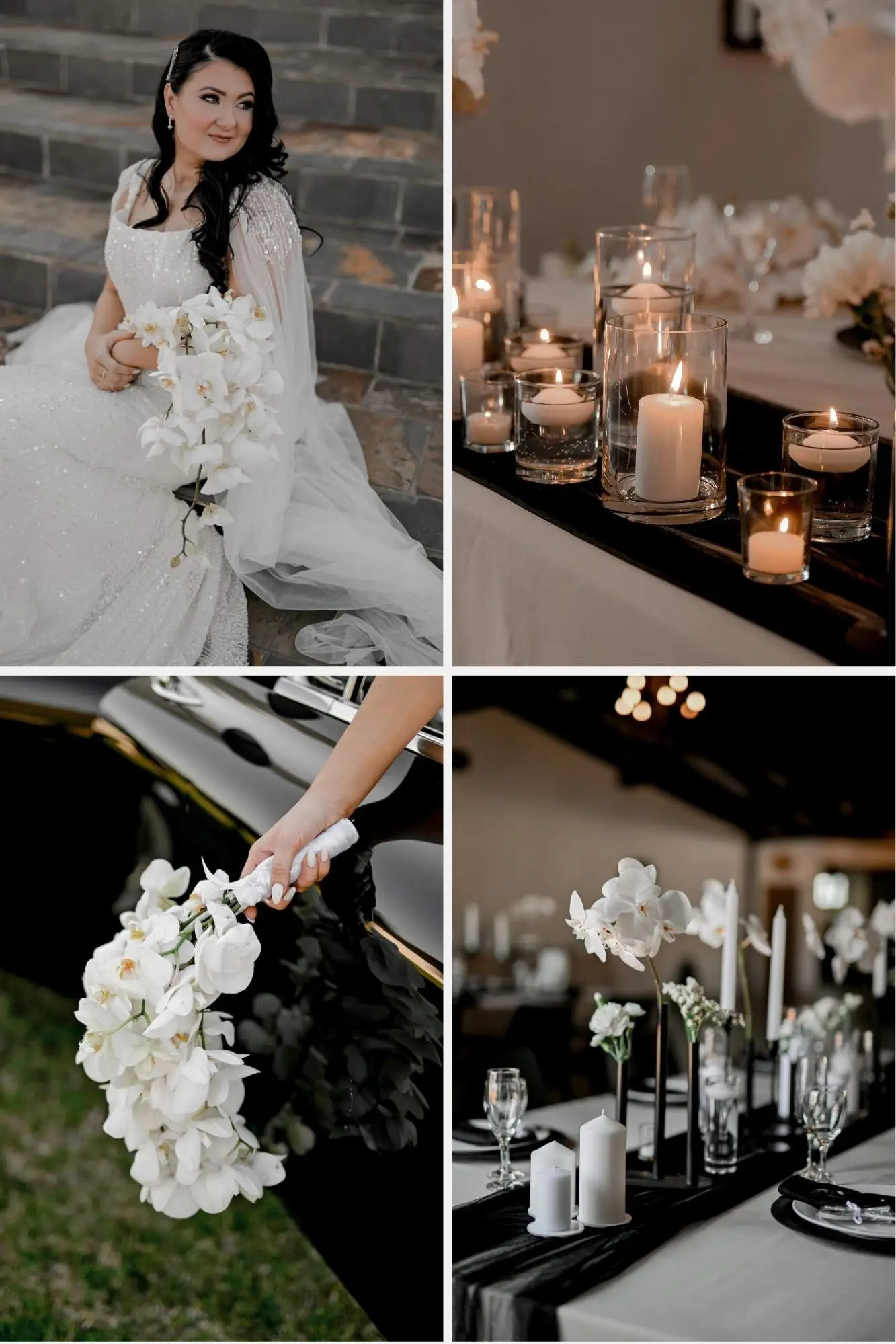 Luxury black and white wedding decor with black wall draping
