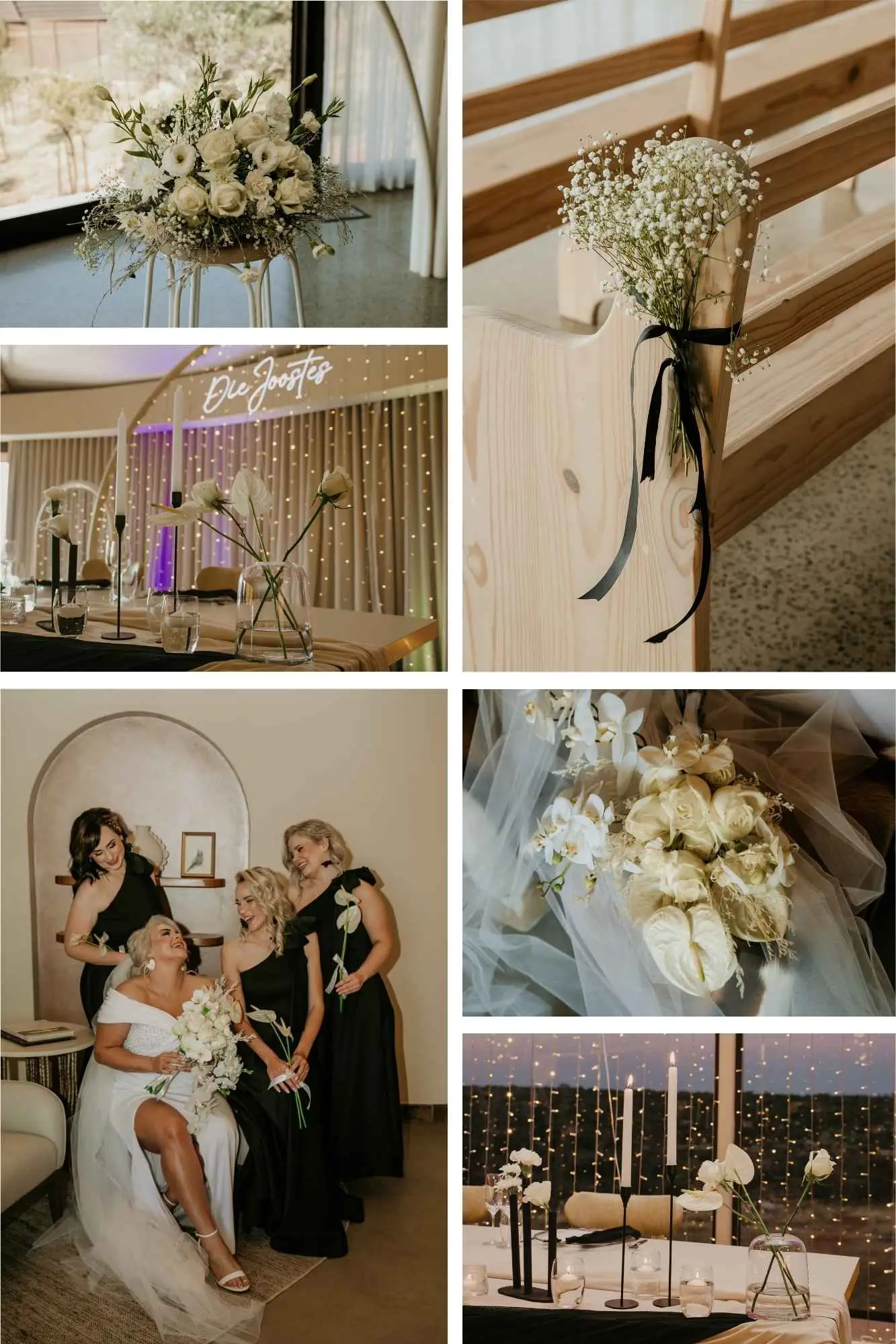 Modern black and white wedding decor with floating candles